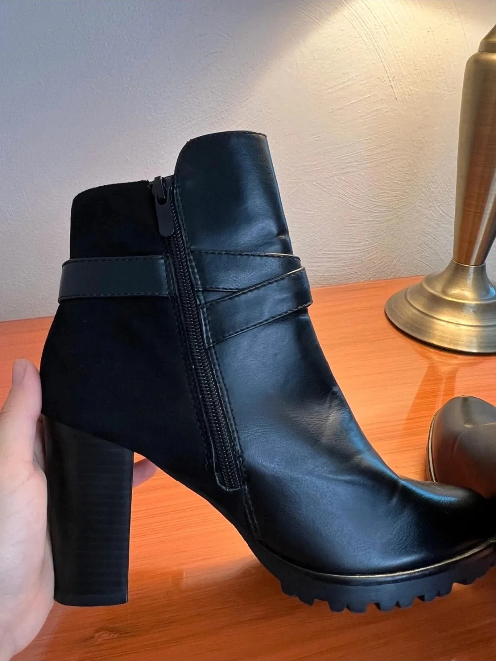Black Women's High Heel Ankle Boot with Buckle Strap